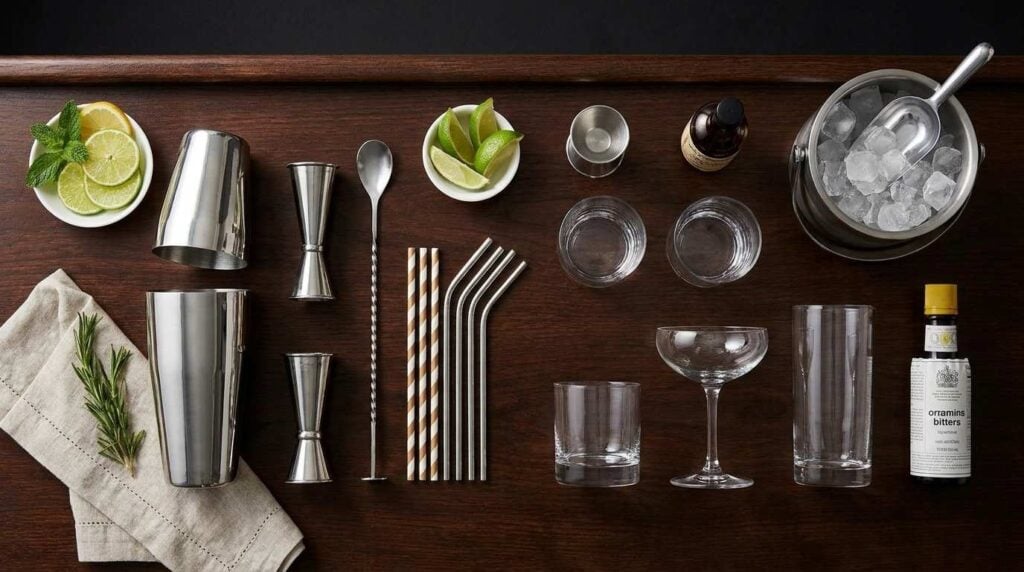  Essential bar supplies including tools, glassware and accessories