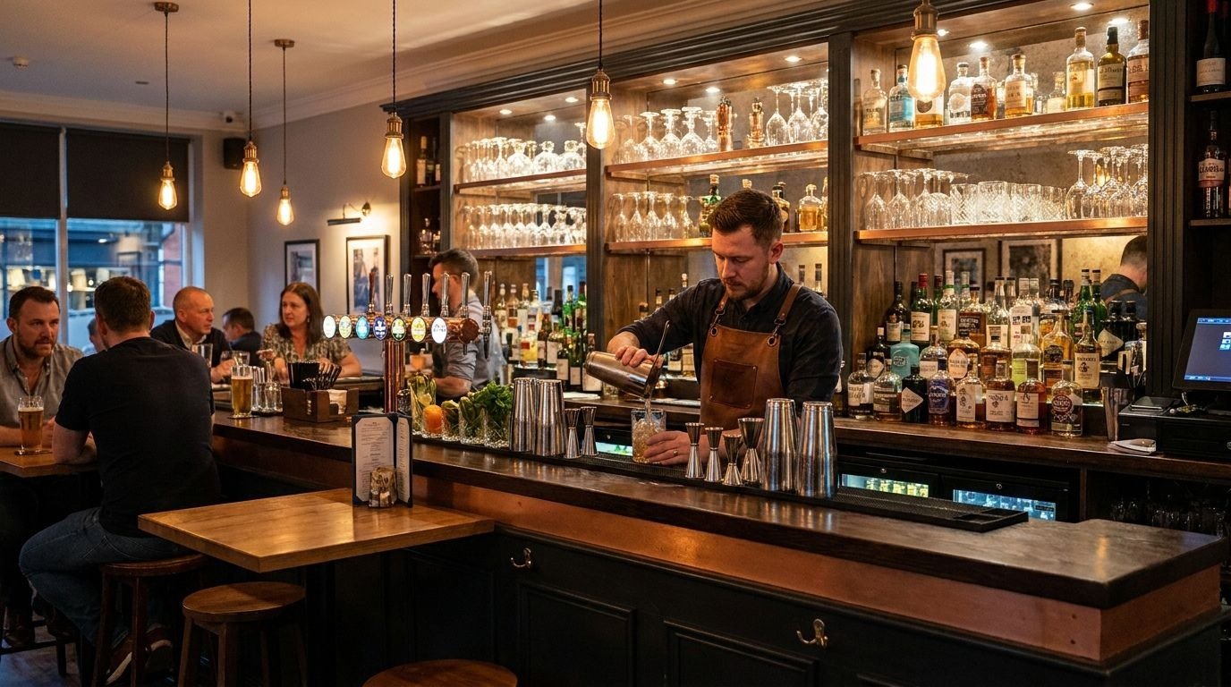 Fully equipped UK pub bar with professional bar tools and supplies