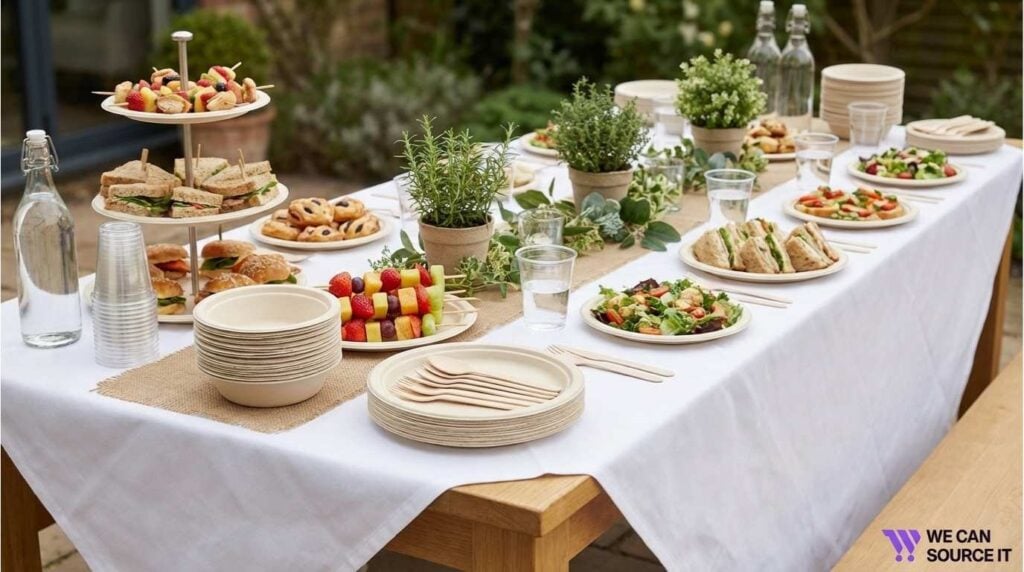 How to Choose the Right Disposable Plates for Events 3 Compostable disposable plates used at an outdoor event with simple natural table setting
