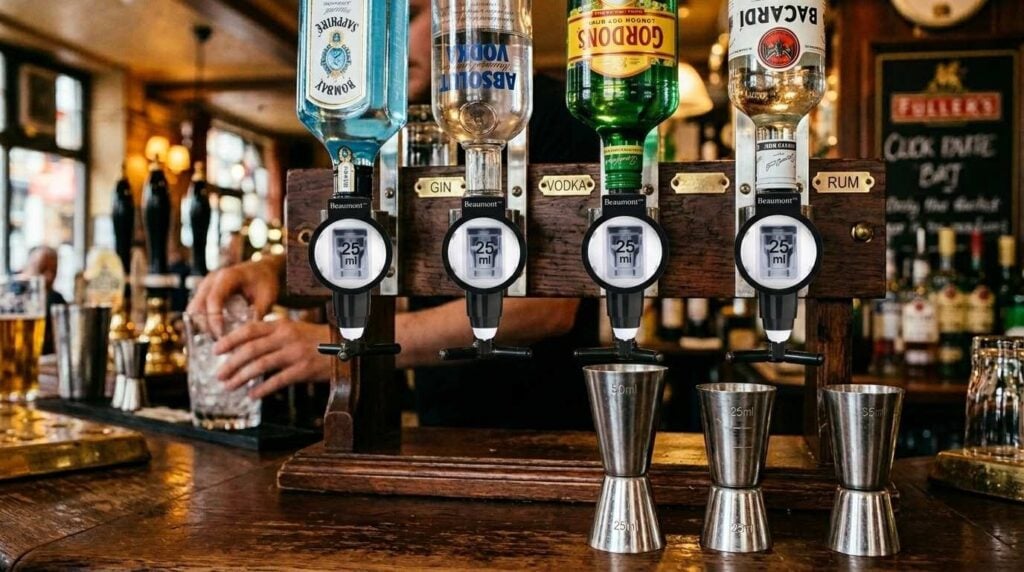 Stamped spirit optics and jiggers used in UK pubs for accurate measures