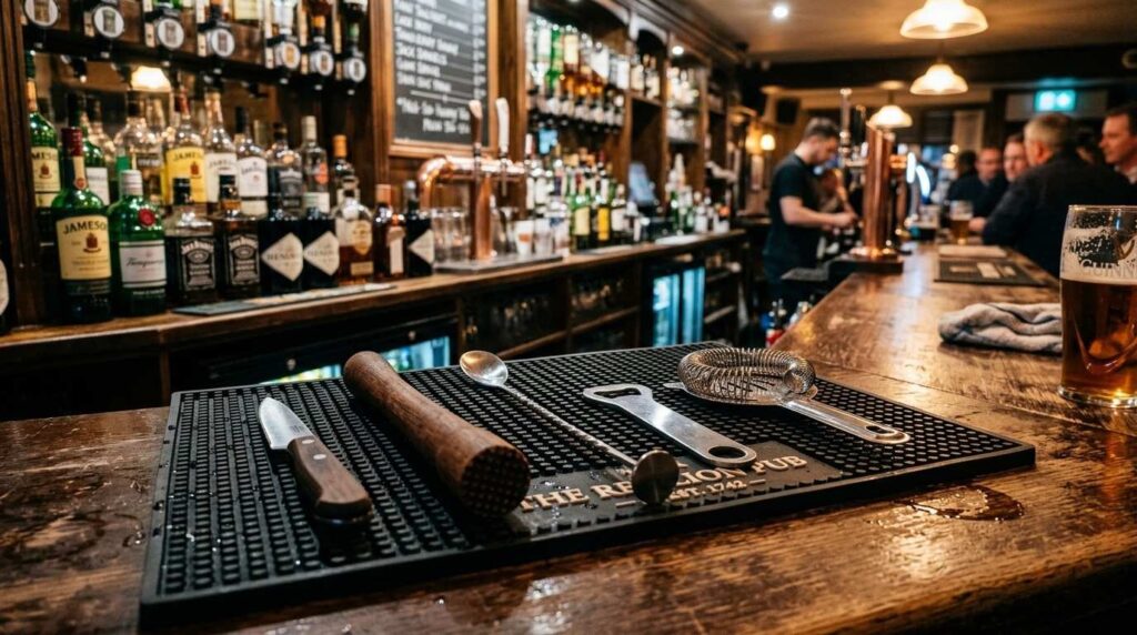 Basic bar tools like muddler, strainer and bar spoon on bar counter