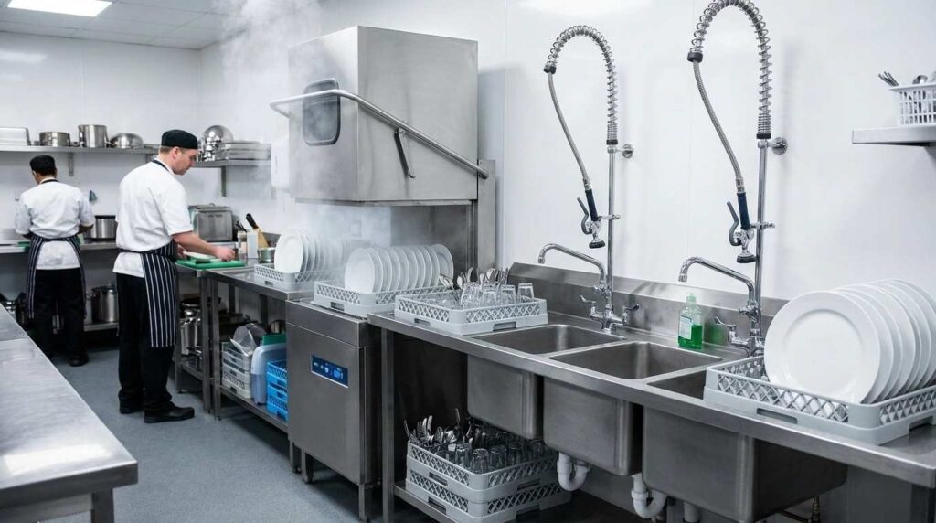 Restaurant kitchen dishwasher and sink cleaning station