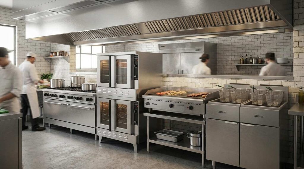  Commercial oven fryer and range in small restaurant kitchen
