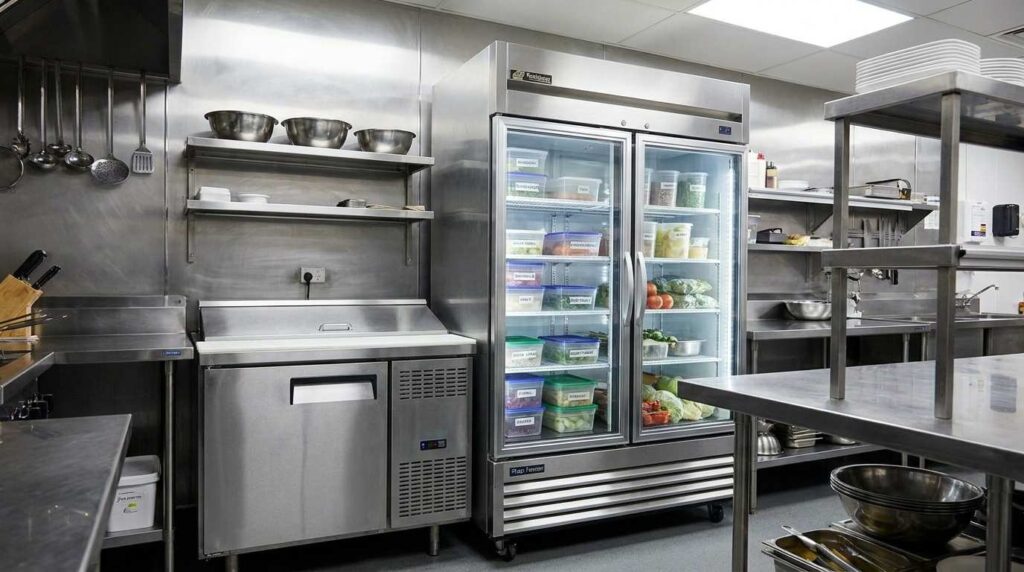 Commercial fridge and freezer in restaurant kitchen storage area