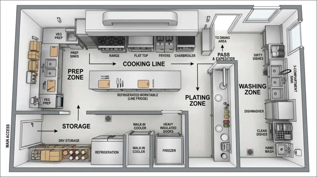  Small commercial kitchen layout with prep cooking and storage zones