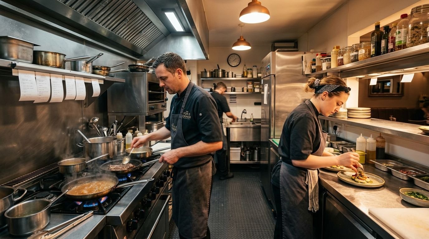 Small restaurant commercial kitchen with catering equipment setup