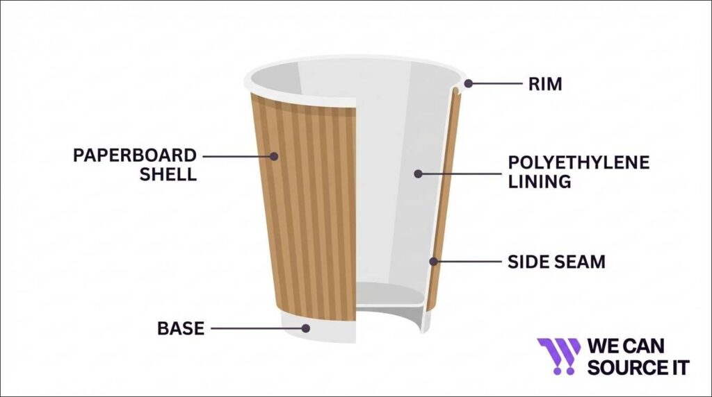 diagram showing paperboard, polyethylene lining, base and rim of a paper coffee cup
