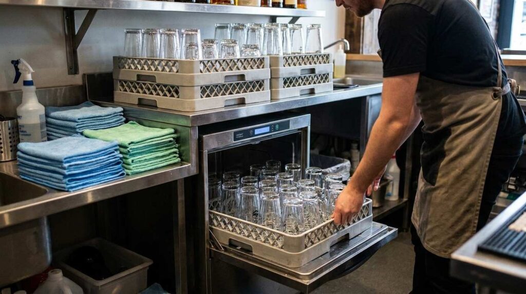 Inverted glasses in commercial racks, under-counter glasswasher and cloths at a UK bar 