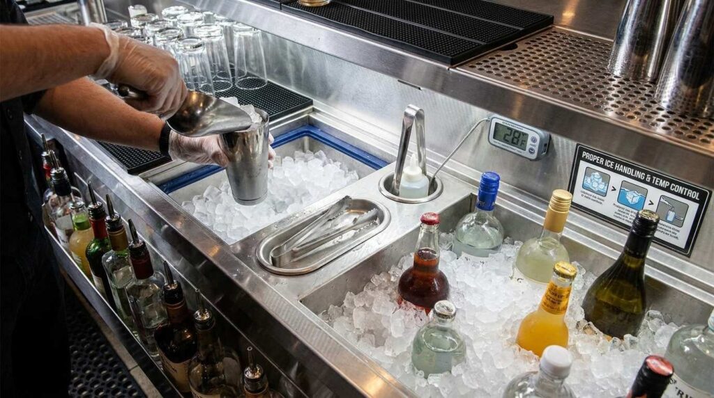 Stainless steel ice scoop, ice caddy, tongs, and chilled bottles in a UK bar 