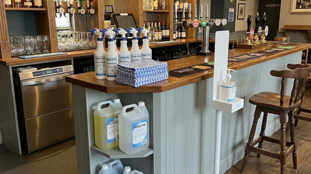  Surface sanitiser, bar cloths, glasswasher chemicals, and hand sanitiser at a UK bar 