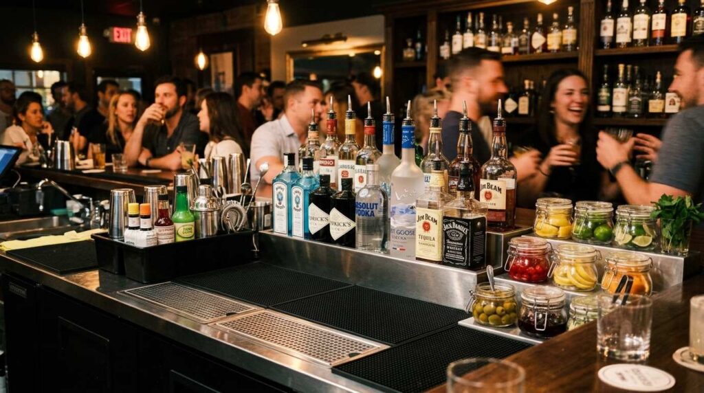  Well-organized UK bar station with speed rails, bar mats, drip trays, and caddies 
