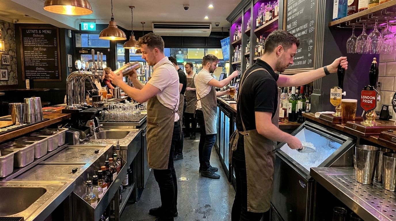 Busy UK bar counter with bartenders and essential bar equipment