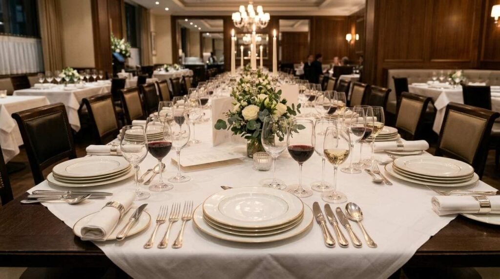 Restaurant tableware setup with plates, cutlery, and glassware ready for service