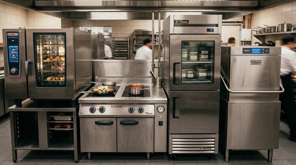 Essential commercial kitchen cooking and refrigeration equipment setup
