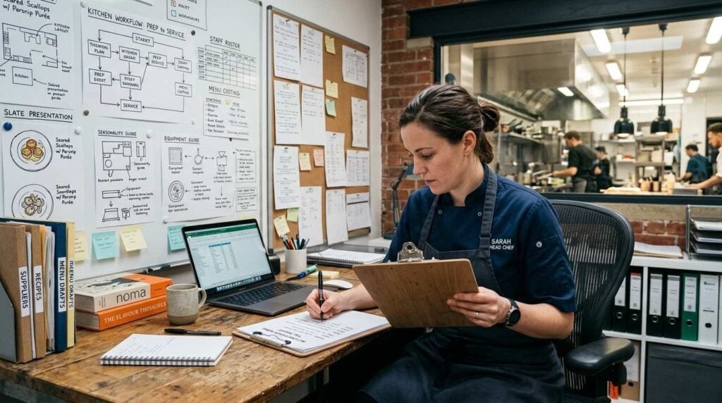 Chef planning menu and kitchen workflow before equipment purchase