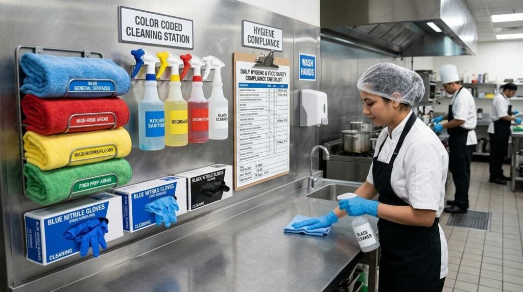 ommercial kitchen hygiene and cleaning system with colour coded supplies
