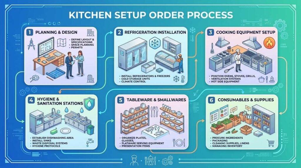 Step-by-step professional kitchen setup order checklist workflow
