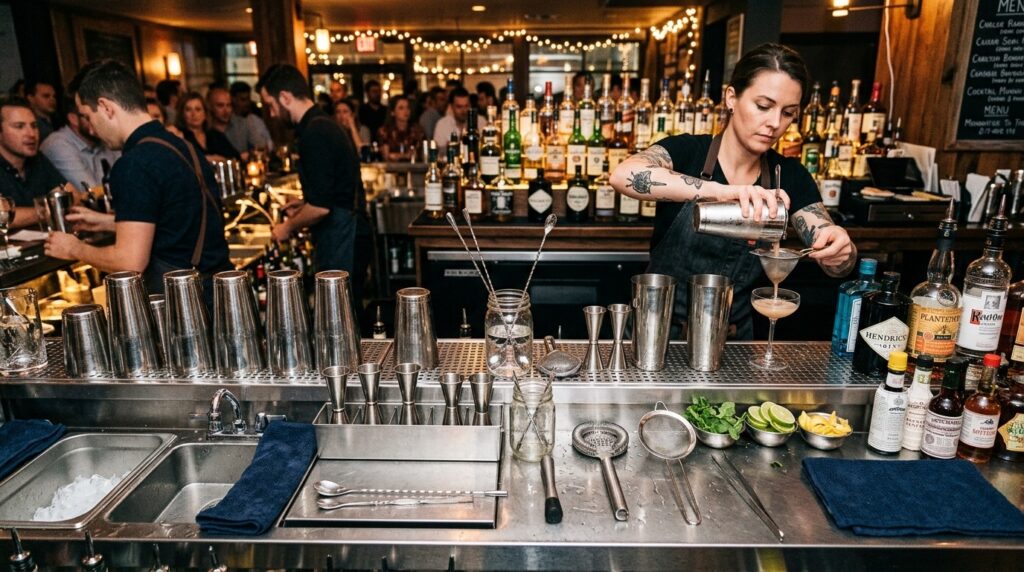 Professional bar station with multiple cocktail shakers