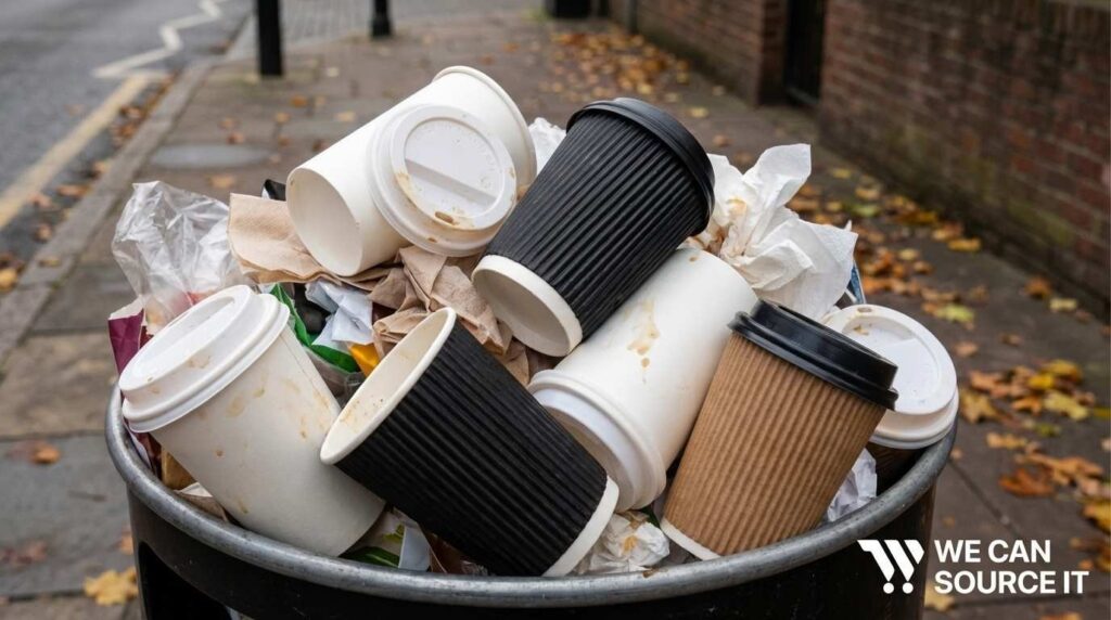 used paper coffee cups in waste bin showing recycling challenges in UK