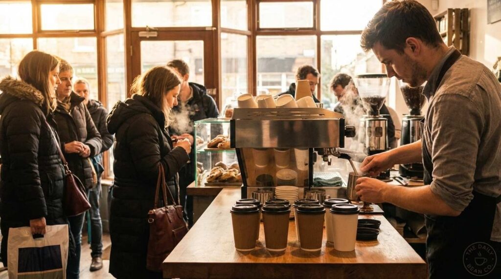 barista preparing multiple takeaway coffee cups during busy service in UK café