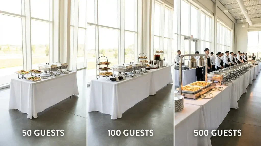 Catering Supplies for Events: What You Need for 50, 100, and 500 Guests (UK Guide) 2 Catering supply scale comparison for different event sizes