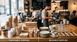 Disposable vs reusable catering supplies comparison in UK café