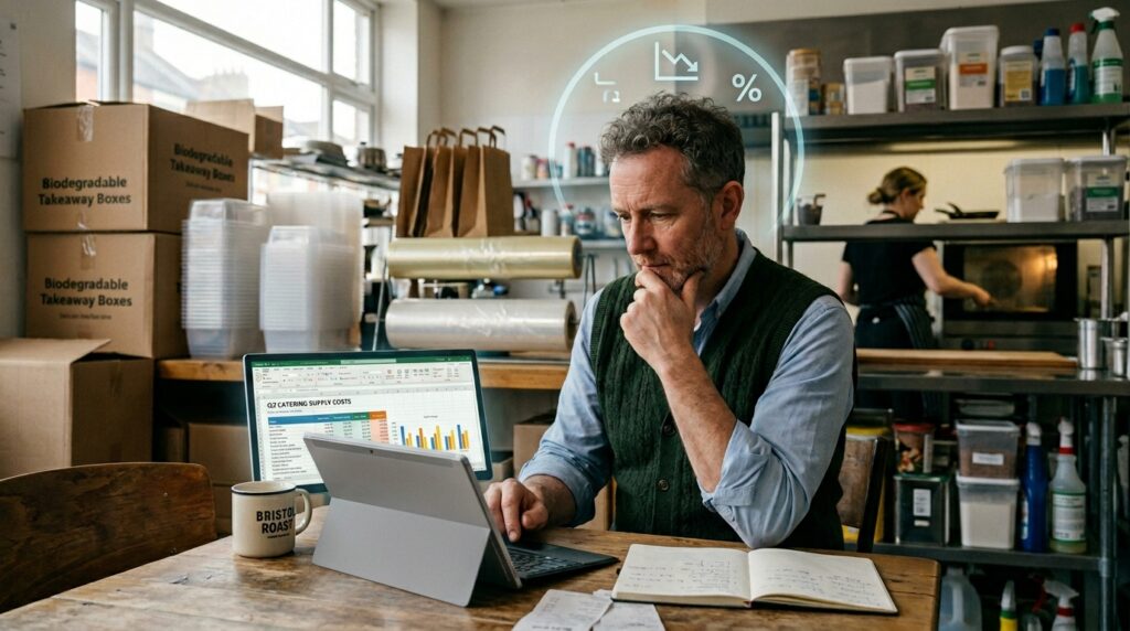 Café owner analyzing catering supply costs in UK kitchen