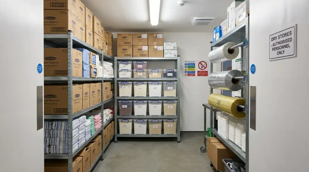 Organised catering supply storage shelving in a commercial kitchen