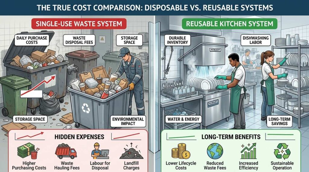Hidden costs comparison between disposable and reusable catering supplies