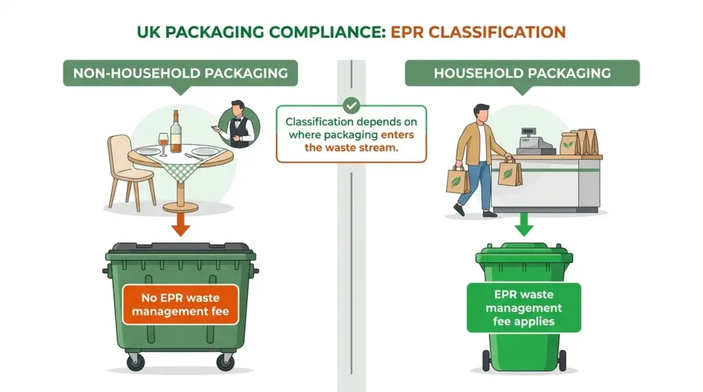  Diagram comparing packaging consumed on premises and disposed of commercially versus takeaway packaging taken home by customers under UK EPR rules.