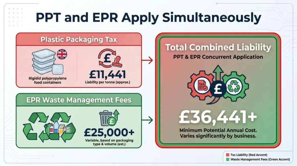 Cost breakdown showing Plastic Packaging Tax and EPR fees combining to create over £36,000 annual liability for imported plastic food containers