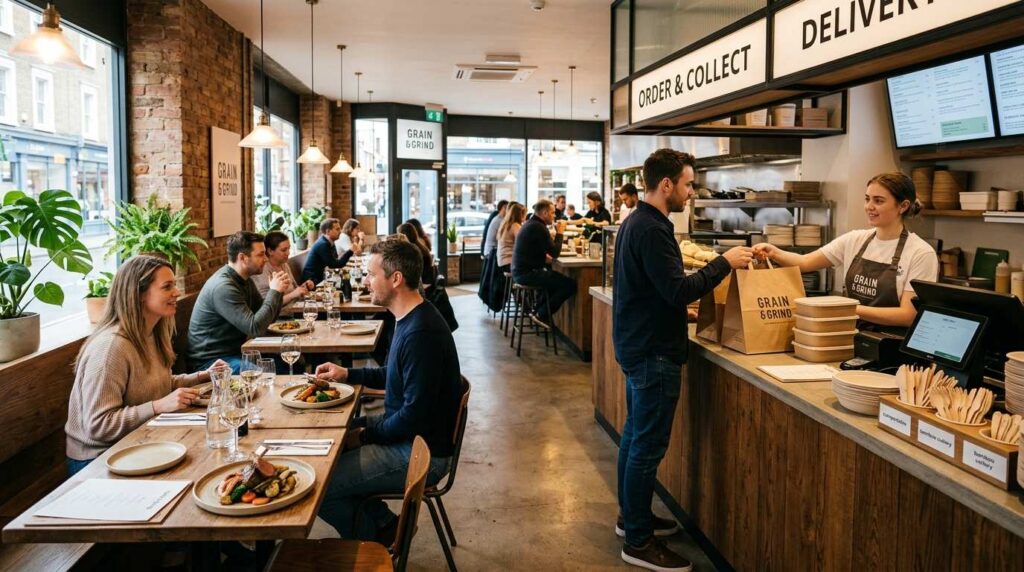 Hybrid catering supplies system in UK restaurant dine-in and takeaway