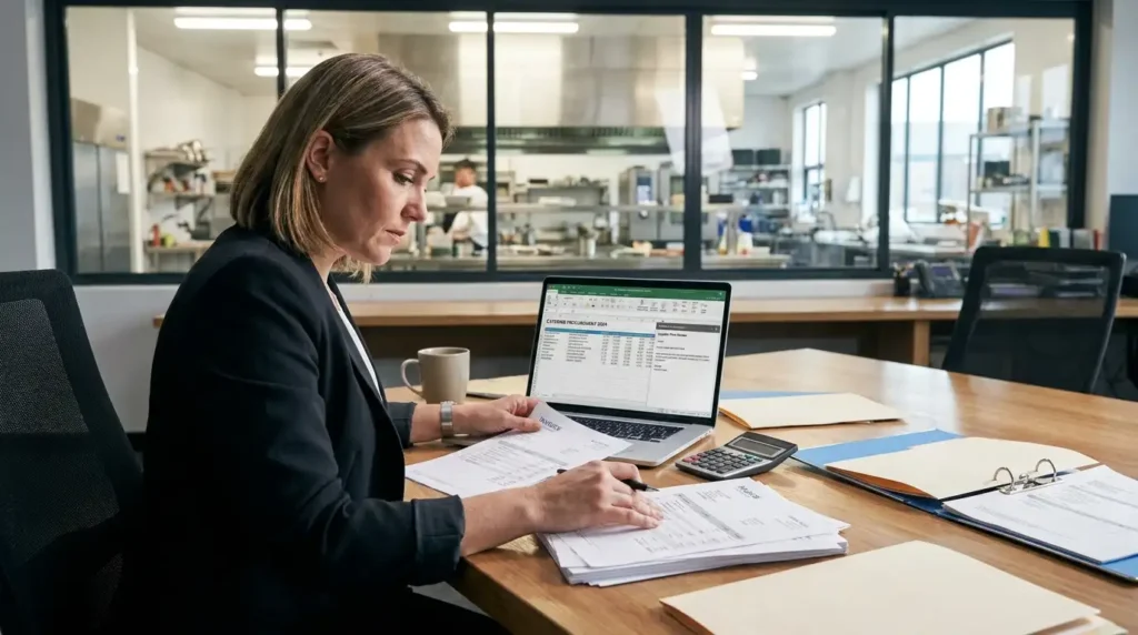 Hospitality manager reviewing catering supply pricing and invoices