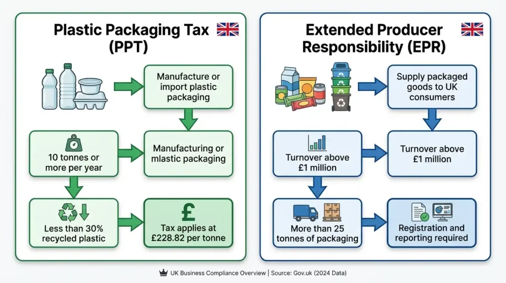  Flowchart showing when Plastic Packaging Tax and Extended Producer Responsibility apply to UK food businesses