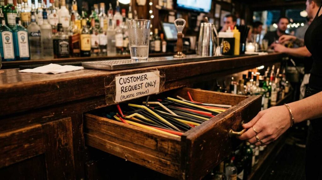 Plastic straws hidden in bar drawer for customer request only