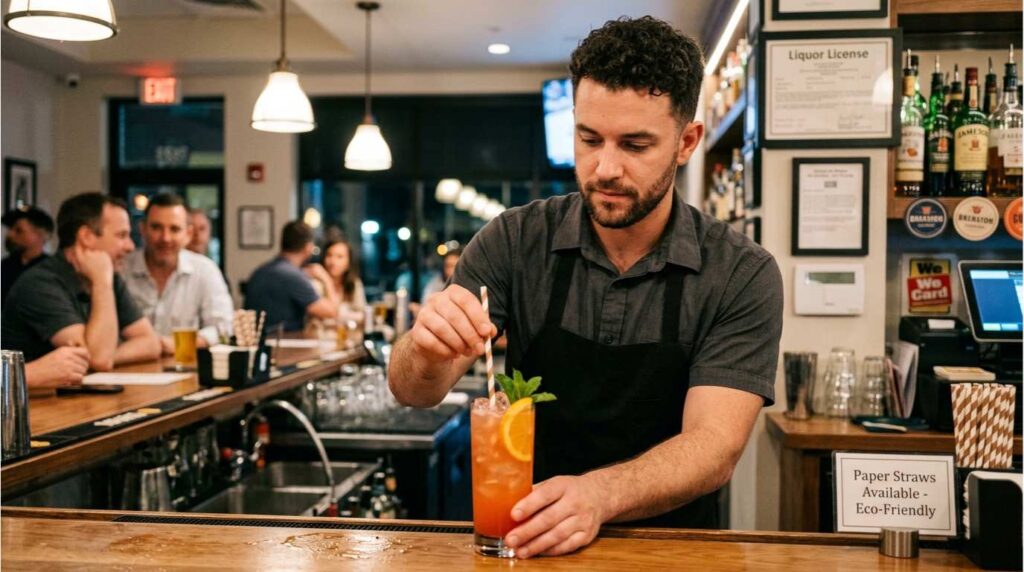 Bartender providing compliant paper straw to customer