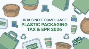 Professional illustration of takeaway packaging, recycling symbols, and compliance icons representing UK Plastic Packaging Tax and Extended Producer Responsibility for food businesses