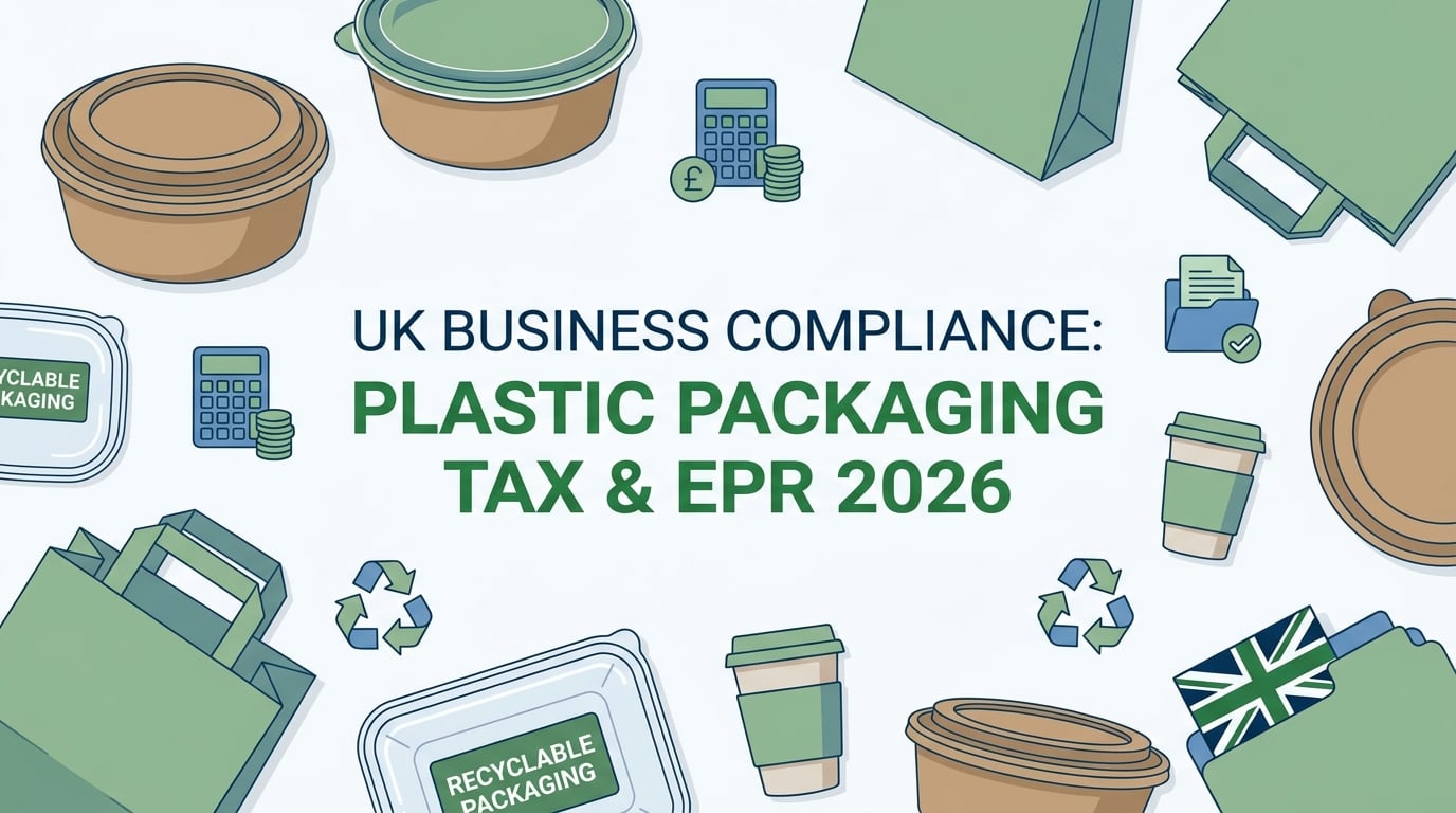 Professional illustration of takeaway packaging, recycling symbols, and compliance icons representing UK Plastic Packaging Tax and Extended Producer Responsibility for food businesses