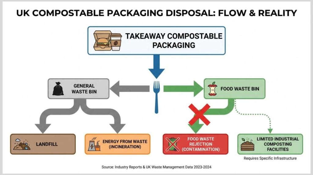 Flowchart showing most compostable packaging in the UK ends up in general waste or energy-from-waste facilities
