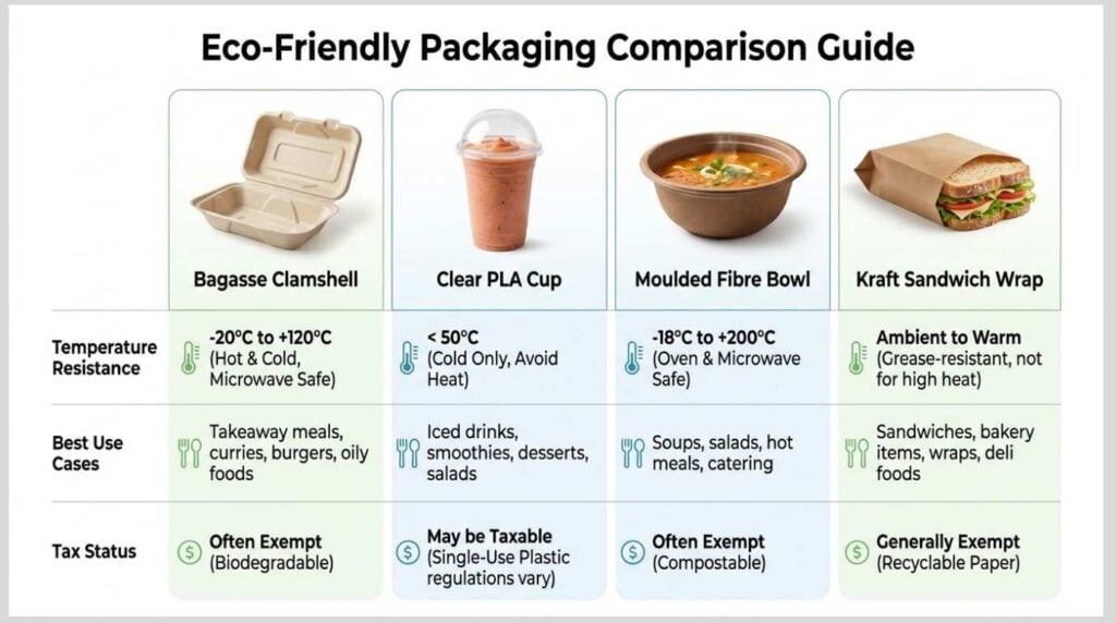 Visual comparison of bagasse, PLA, moulded fibre and kraft packaging for hot and cold foods