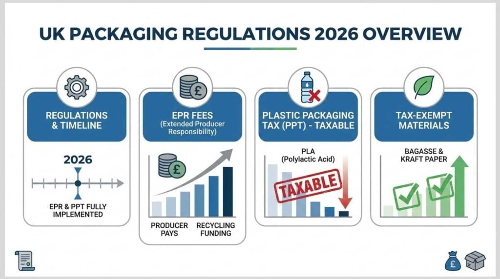Infographic explaining UK EPR fees and Plastic Packaging Tax for compostable packaging materials