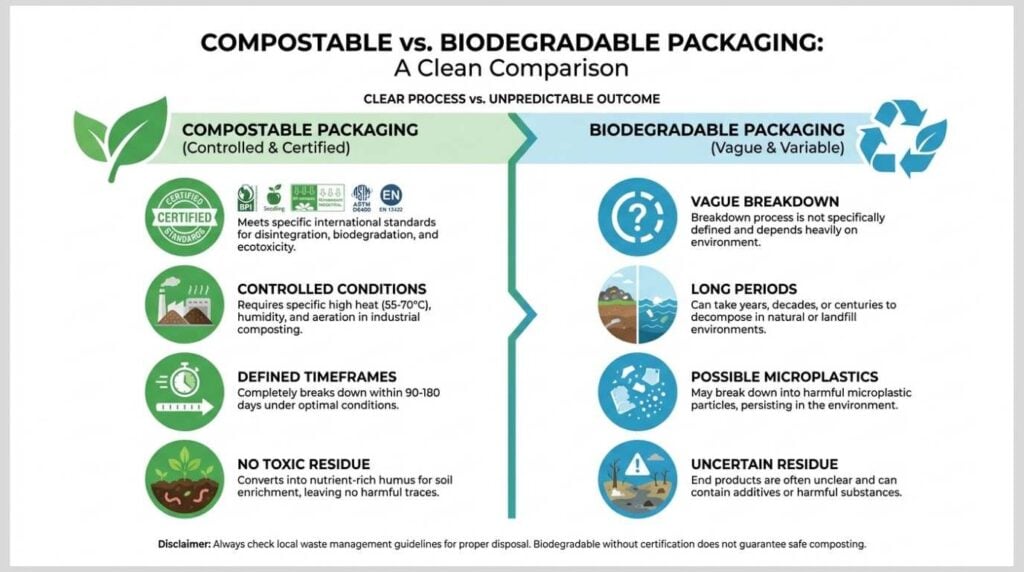 Comparison infographic showing the difference between compostable and biodegradable food packaging