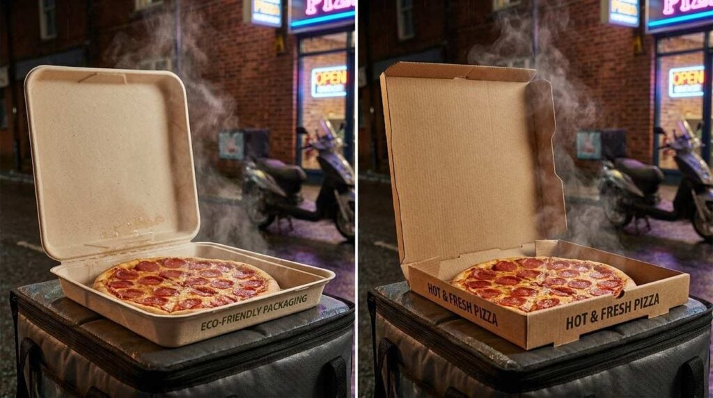 Compostable Pizza Boxes UK: Are They Worth It for Your Takeaway? 1 Bagasse vs conventional pizza box delivery performance