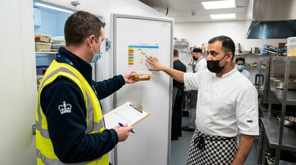 Environmental Health Officer inspecting food date labels in commercial kitchen