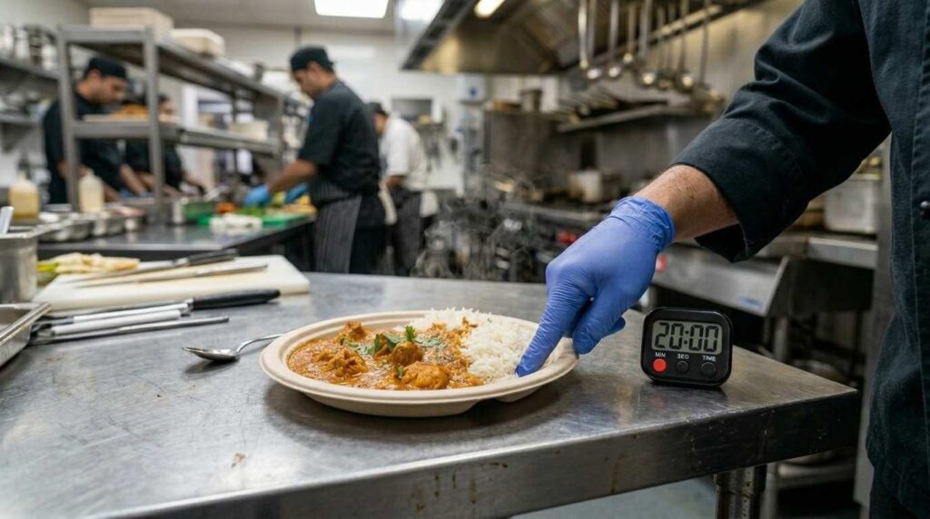 Best Compostable Plates for Catering Events: Tested and Ranked (UK, 2026) 1 Hot curry and rice on a bagasse plate during a catering performance test