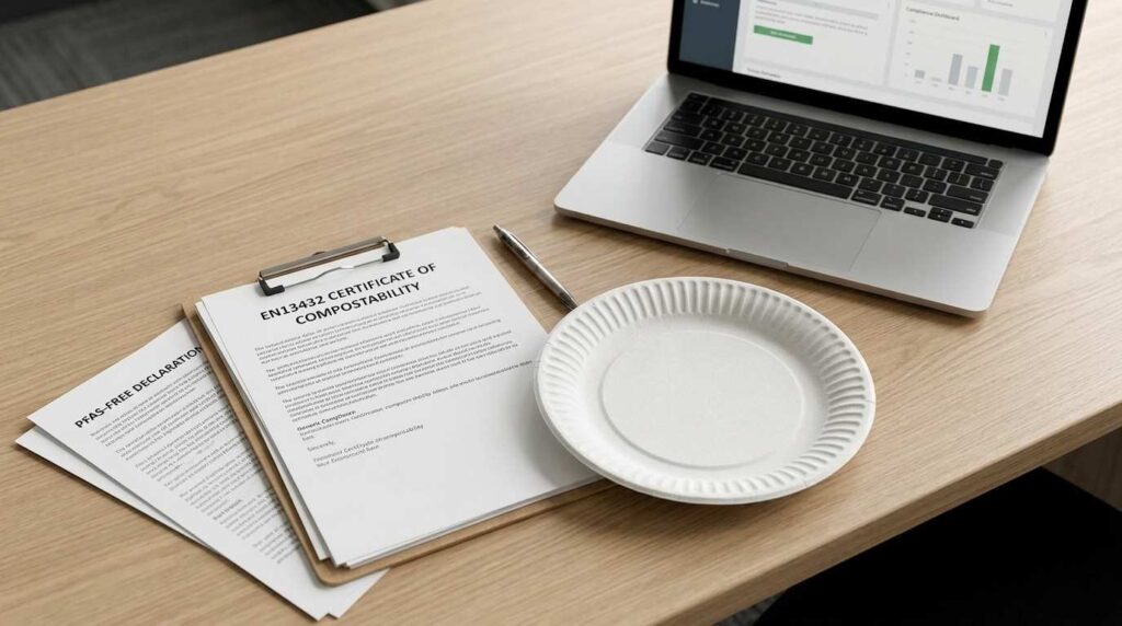 Best Compostable Plates for Catering Events: Tested and Ranked (UK, 2026) 2 Supplier documents showing EN13432 certification and PFAS-free declaration for compostable plates