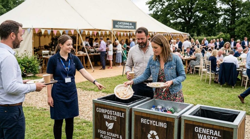 Best Compostable Plates for Catering Events: Tested and Ranked (UK, 2026) 3 Clearly labelled compostable waste bins at an outdoor catering event in the UK