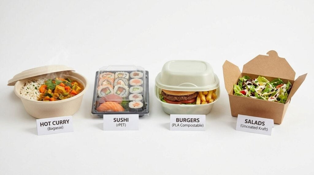 Eco-Friendly Takeaway Packaging for UK Restaurants: How to Choose by Food Type, Cost and Compliance 1 Comparison of bagasse, rPET, PLA and kraft takeaway packaging materials