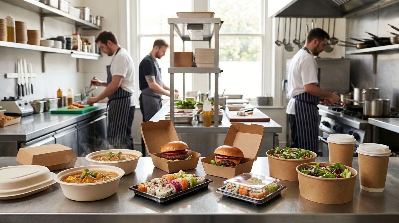 Eco-friendly takeaway packaging for UK restaurants including bagasse, kraft and rPET containers