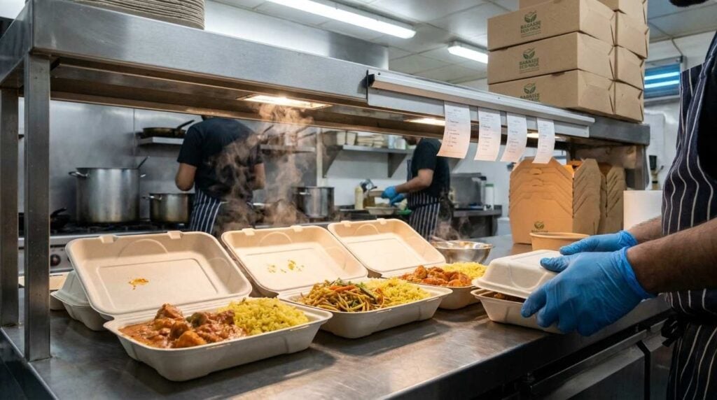 Eco-Friendly Takeaway Packaging for UK Restaurants: How to Choose by Food Type, Cost and Compliance 2 Bagasse takeaway containers for hot curry and food delivery